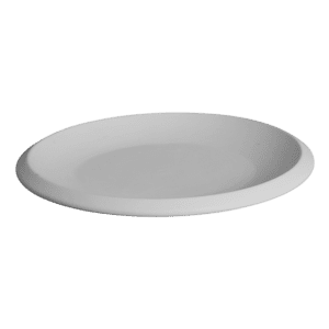 White circular ceramic plate on a surface.