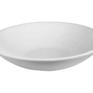 White, shallow bowl on a green background.