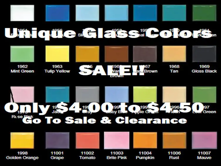 Colorful glass samples with sale announcement.