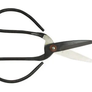Black-handled pruning shears with sharp blades.
