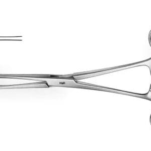 Surgical forceps with serrated tip detail.
